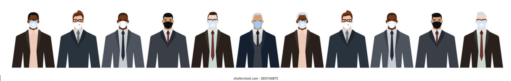 Group of diverse businessman men of adult and senior age, of different race, in office style clothes, wearing masks for pandemic protection from covid19. Flat design vector illustration.