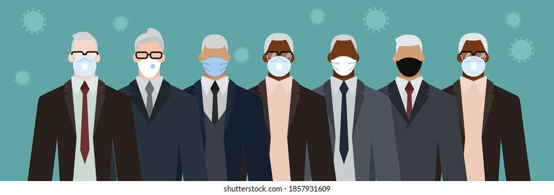 Group of diverse businessman men of adult and senior age, of different race, in office style clothes, wearing masks for pandemic protection from covid19. Flat design vector illustration.