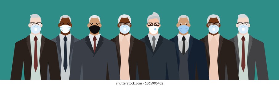 Group of diverse businessman men of adult and senior age, of different race, in office style clothes, wearing masks for pandemic protection from covid19. Flat design vector illustration.