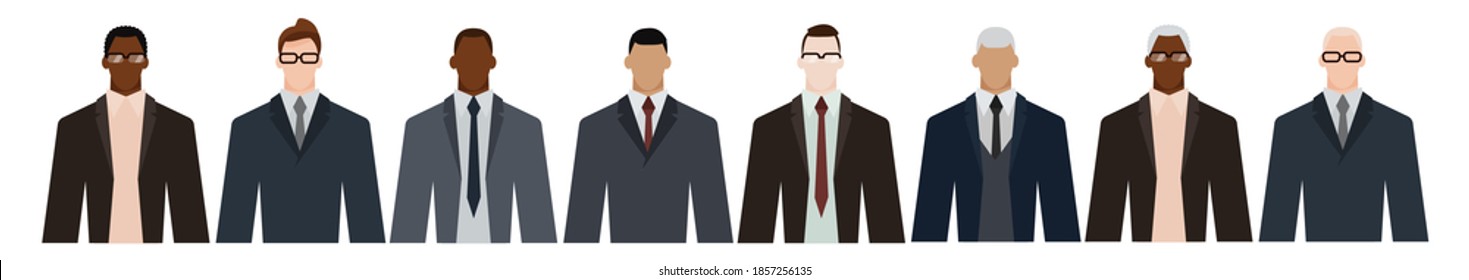 Group of diverse businessmen of adult and senior age, of different race, in office style clothes. Flat design vector illustration.