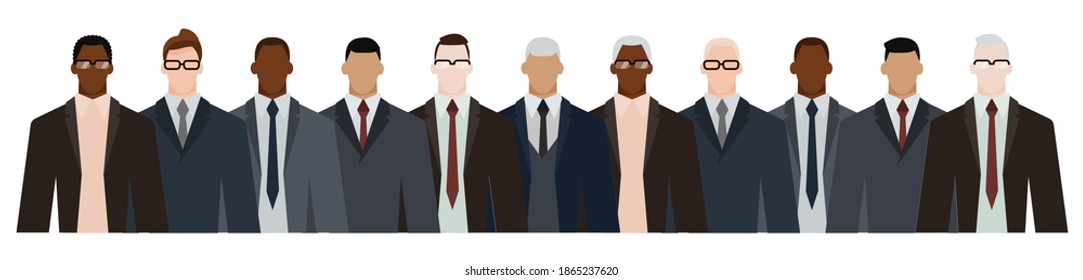 Group of diverse businessmen of adult and senior age, of different race, in office style clothes. Flat design vector illustration.