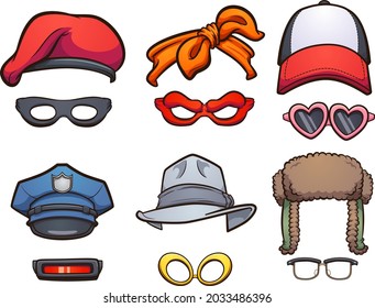 A group of diverse cartoon hats and glasses. Vector clip art illustration with simple gradients. Each on a separate layer.
