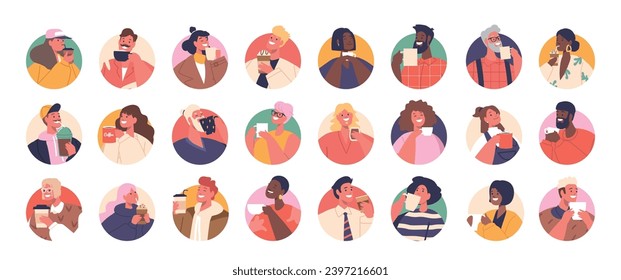 Group Of Diverse Character Avatars. Men and Women Hold Colorful Cups, Each Expressing Unique Personalities