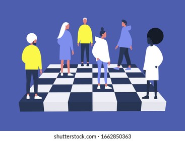 A group of diverse characters playing chess on a chessboard, management concept