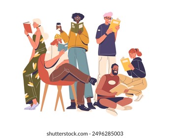 Group Of Diverse Characters Reading Books Together. Vector Image Captures A Sense Of Community, Relaxation