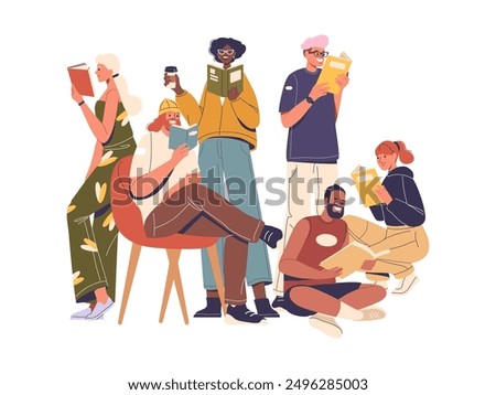 Group Of Diverse Characters Reading Books Together. Vector Image Captures A Sense Of Community, Relaxation