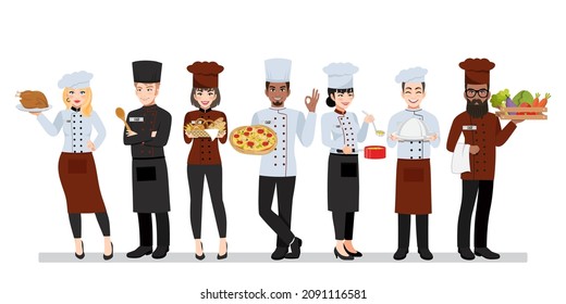 Group Of Diverse Chef Team. International Cooking Worker Service Characters Standing Together In Uniform Cartoon Character Vector