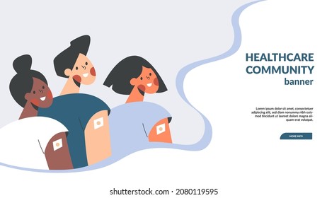 Group of diverse children after vaccine injection flat vector illustration banner. Young adult or teens vaccination. College or school immunization campaign template. Child vaccine for health immunity