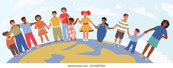 Group Of Diverse Children Characters Holding Hands Around Planet Earth. This Vector Image Depicts Unity, Friendship, And Multiculturalism Among Young People. Colorful And Cheerful Cartoon Illustration