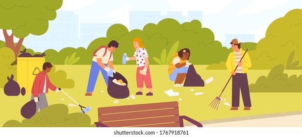 Group Of Diverse Children Cleaning Up City Park Vector Flat Illustration. Boys And Girls Collecting Garbage Together Use Rake. Team Of Active Kids Pickup Rubbish Into Bags. Protection Environment