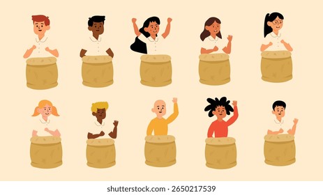 Grupo de diversas crianças alegremente jogar sack race para Indonésia Independence Day festival