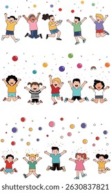 A group of diverse children joyfully jumping under colorful confetti and balloons, expressing happiness and celebration.
