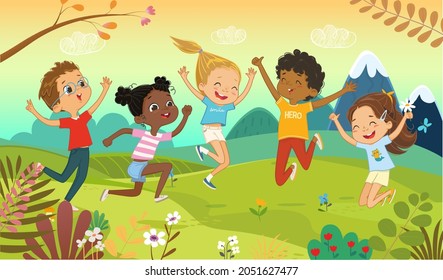 Group diverse children jumping at Summer park with trees, flowering plants and flowers in the meadow. Adorable school boys and girls have fun together horizontal baner