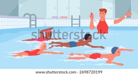 Group of diverse children learning to swim with a coach in an indoor pool, practicing strokes and water safety skills, supervised by a lifeguard, vector illustration