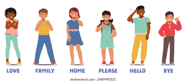 Group Of Diverse Children Showcasing Common Sign Language Phrases Such As Love, Family, Home, Please, Hello, And Bye. Image Highlights Effective Communication And Inclusion Through Non-verbal Language