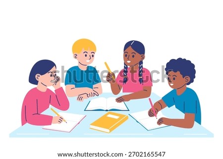 Group of diverse children studying and working together at a table