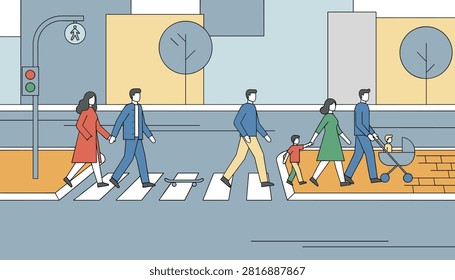 Group of diverse citizens walking across a pedestrian crosswalk in a modern city with trees and traffic lights.