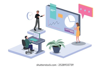 Group of diverse colleagues using laptops and making notes while analyzing charts on board while working in office together. Workplace, Teamwork illustrator,  vector.