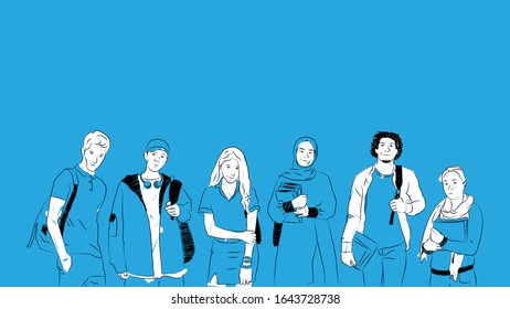 group of diverse college students with different fashion style standing together holding books simple hand drawn design style minimal vector illustration