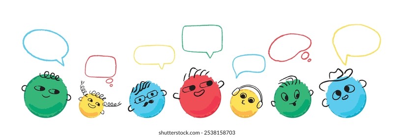 A group of diverse colorful doodle characters and speech bubbles above them. A symbol of different opinions and the uniqueness of each.