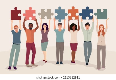 Group Of Diverse Culture People With Raised Hands Holding And Connecting Jigsaw Puzzle Pieces. Colleagues Co-workers Collaborators Who Cooperate Together.Cooperate - Collaborate.Teamwork