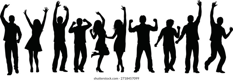 Group of diverse dancing silhouettes in joyful poses, celebrating unity, movement, happiness, freedom, energy, and expressive body language on white background