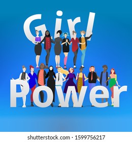 Group of diverse of different ethnicity women walking. Female empowerment movement. International girl power strong, strength, cartoon vector illustration. 