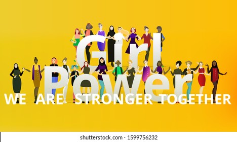 Group of diverse of different ethnicity women walking. Female empowerment movement. International girl power strong, strength, cartoon vector illustration. 