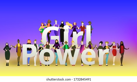 Group of diverse of different ethnicity women walking. Female empowerment movement. International girl power strong, strength, cartoon vector illustration. 