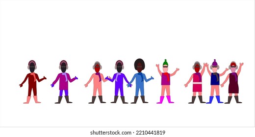 Group Of Diverse, Different, Non-binary People Dressed In Winter Clothes, Dressed In Outerwear In Autumn And Winter. People In Colorful Clothes. People Gathered. Pessoas Waving. Diversity