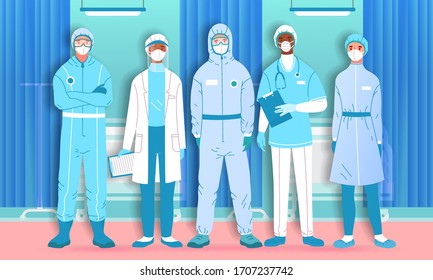 Group of diverse doctors treating Covid-19 during the pandemic standing in a line wearing protective clothing and masks in a hospital, vector illustration - Shutterstock ID 1707237742