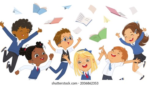 Group diverse elementary classmates in school uniform jumping surrounded by flying notebooks and books. Adorable school boys and girls have fun together horizontal banner isolated