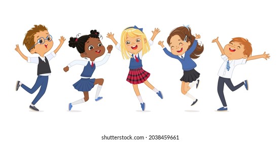 Group diverse elementary classmates in school uniform jumping surrounded by flying notebooks and books. Adorable school boys and girls have fun together horizontal banner isolated