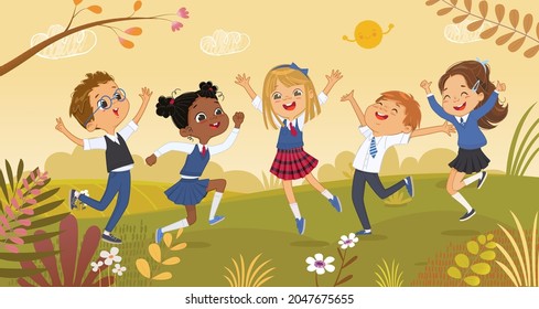 Group diverse elementary classmates in school uniform jumping at Autumn park with trees, flowering plants and flowers in the meadow. Adorable school boys and girls have fun together horizontal baner