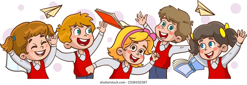 Group diverse elementary classmates in school uniform jumping surrounded by flying notebooks and books. Adorable school boys and girls have fun together horizontal banner isolated