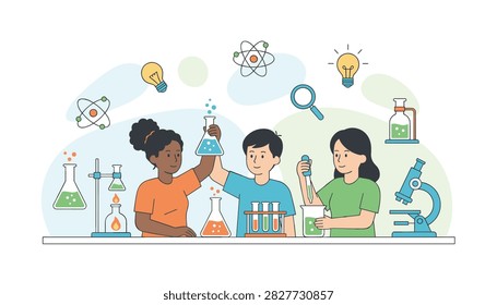 Group of diverse elementary school children happily conducting a fun chemical experiment in a science laboratory classroom.