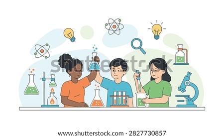 Group of diverse elementary school children happily conducting a fun chemical experiment in a science laboratory classroom.