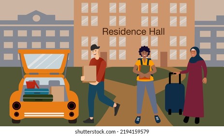 Group of diverse ethnicity college students moving into residence hall at the beginning of school year. Open car back with suitcases and boxes