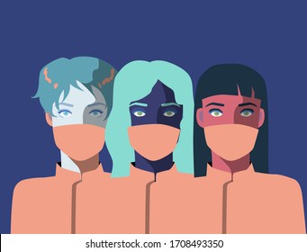 Group of diverse female doctors wearing medical face masks during COVID-19. Conceptual minimal vector illustration.