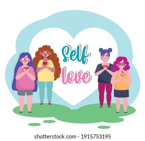 group diverse female with hearts cartoon character self love vector illustration