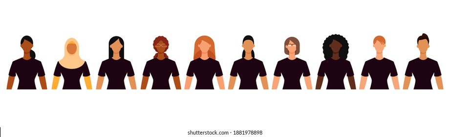 Group of diverse female students in casual clothes. Minimal faceless characters icon. Flat design vector illustration isolated on white.