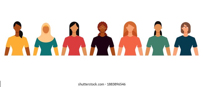 Group of diverse female students in casual clothes. Minimal faceless characters icon. Flat design vector illustration isolated on white.