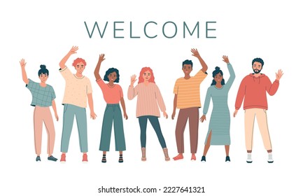 Group of diverse friendly young men and women with hands raised in greeting gesture, business team. Welcome concept. Different nations  people waving hand and saying hello. Flat vector illustration