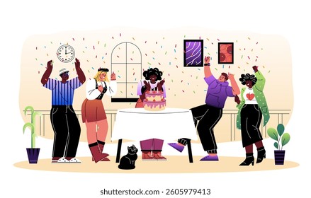 Group of diverse friends celebrating a birthday with cake and confetti in a cozy room, cartoon style on a light indoor background. Concept of joy and friendship. Vector illustration