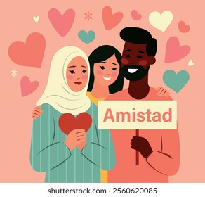 Group of diverse friends celebrating friendship with hearts and smiles on pink background, Valentine's Day. sign with word friendship