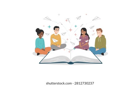 Group of diverse friends sitting around a giant open book with paper airplanes flying out.