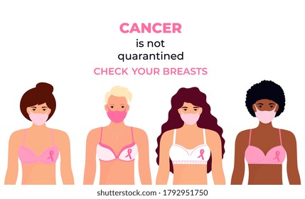 A group of diverse girls in protective medical masks are wearing bras with pink ribbons. Check your breasts during coronavirus quarantine COVID-19. October Awareness Month on Women's Health svg