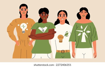 A group of diverse girls supporting sustainable development and environmental care. ESG concept. Vector illustration in flat style