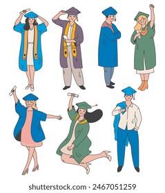 Group of Diverse Graduates Celebrating Graduation Day Cartoon Illustration