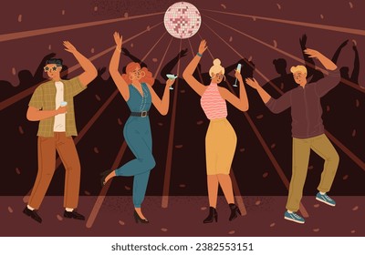 Group of diverse happy people dancing at nightclub scene